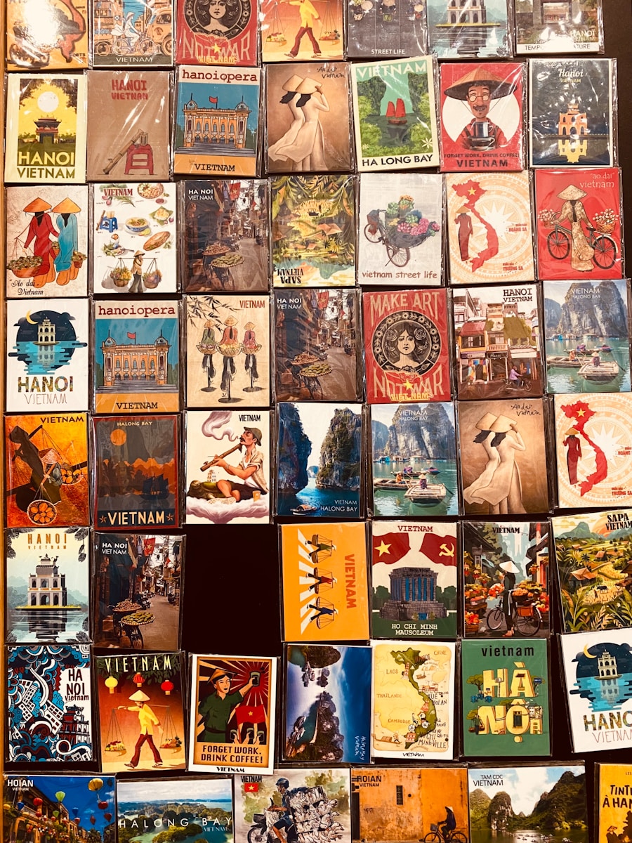 Postcards from vietnam are on display.