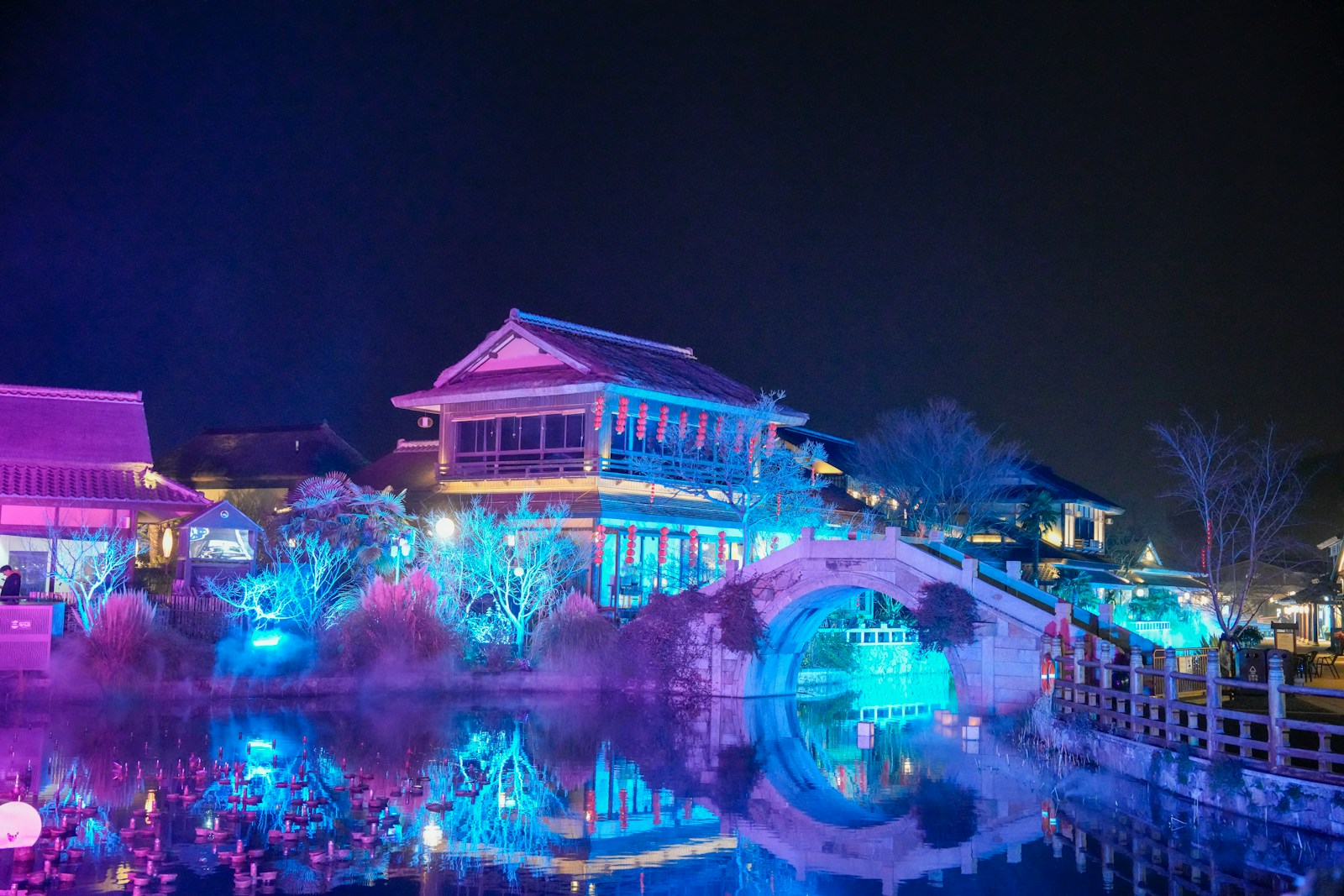 a lit up bridge over a body of water