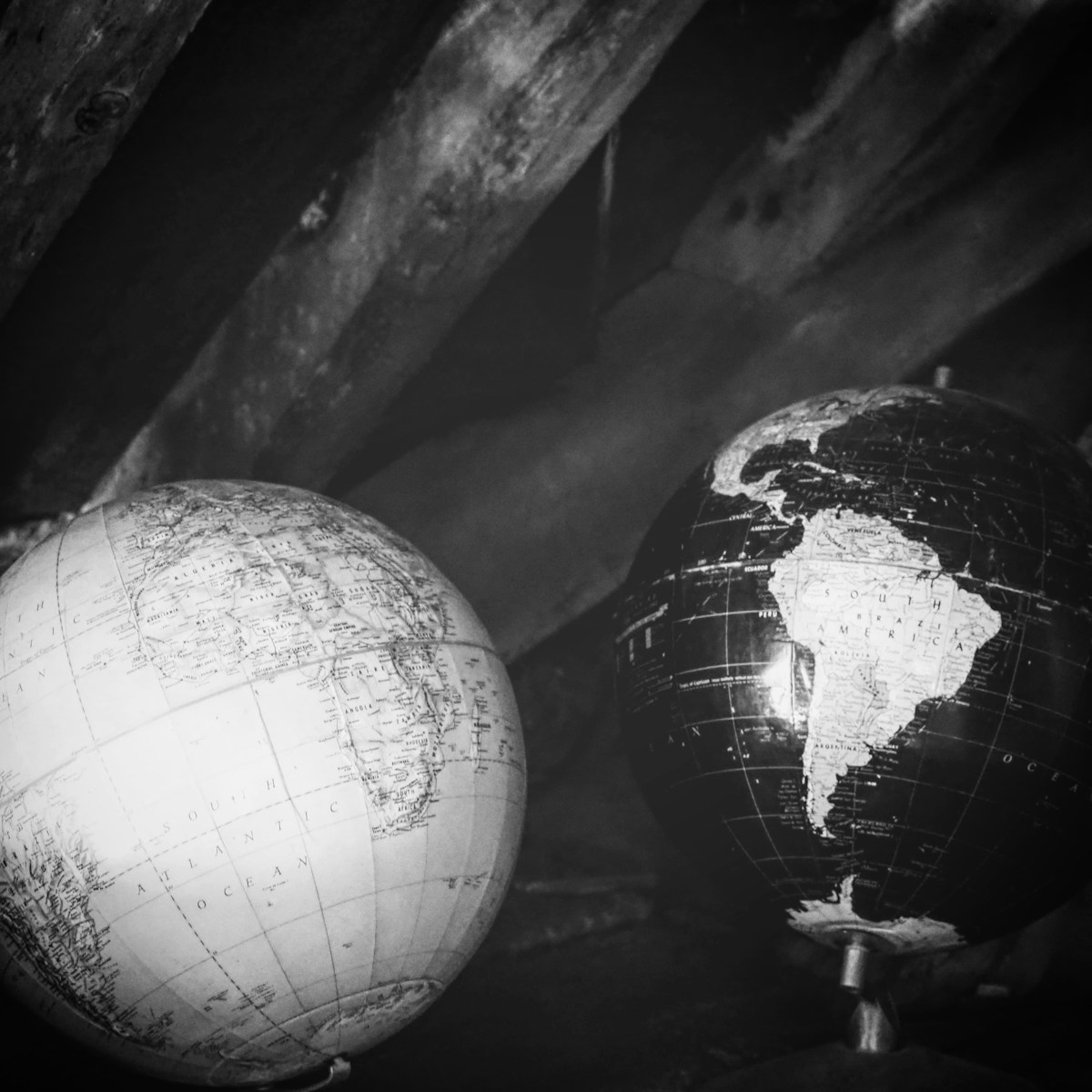 grayscale photo of globe ball