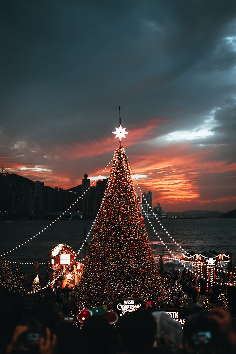 A large decorated christmas tree at sunset