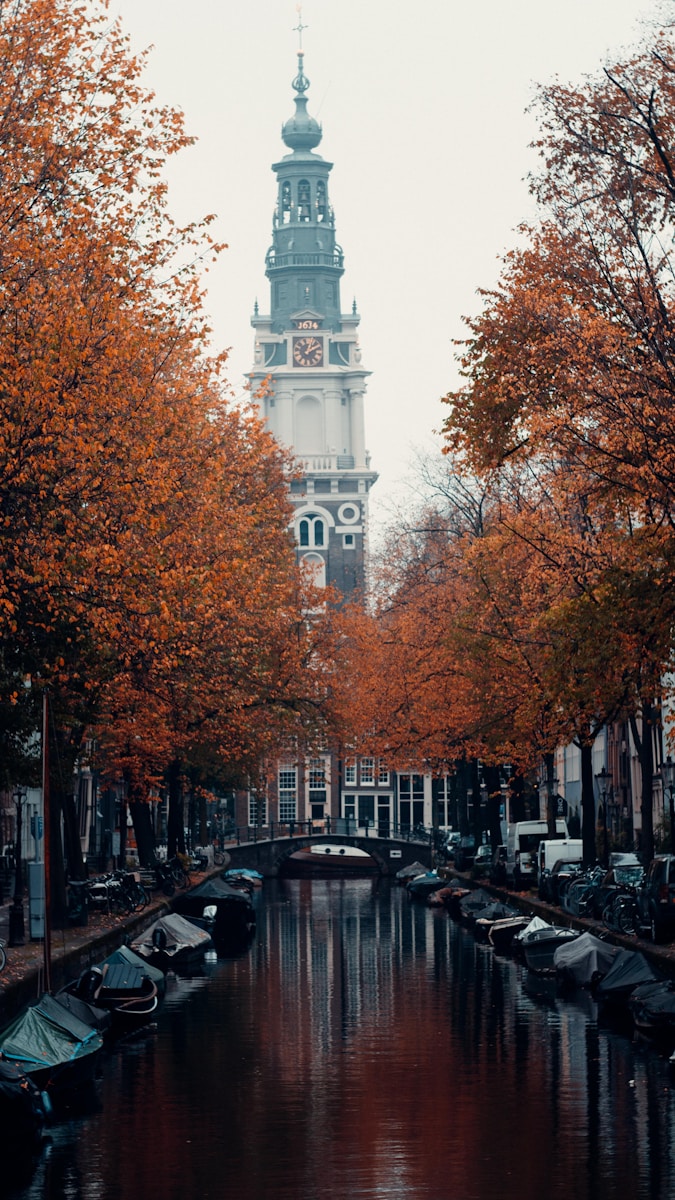 a clock tower towering over a city next to a body of water
